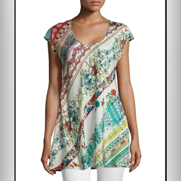Johnny Was Tops - Johnny Was Mixed Floral Silk A-Line Tunic Top Cap Sleeve Size Large